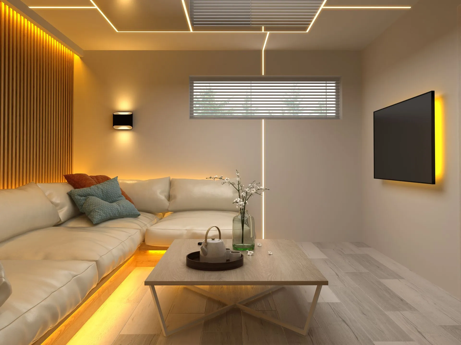 Modern living room with warm accent lighting and a low coffee table